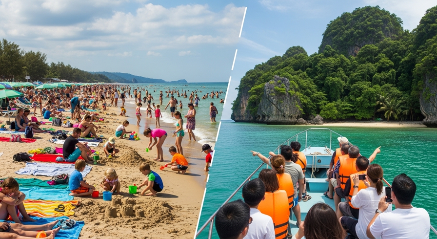 Comparativo: praia lotada com muitas pessoas na areia e no mar vs. passeio de barco com coletes salva-vidas em água cristalina diante de ilhas verdes.